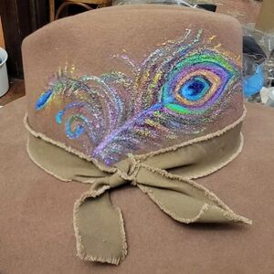 Brown Hat with Colorful Peacock Feather Design